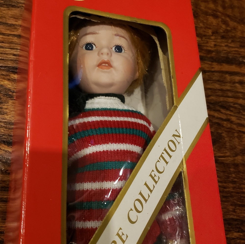 NWT Vintage Porcelain Christmas Doll Boy with Stand